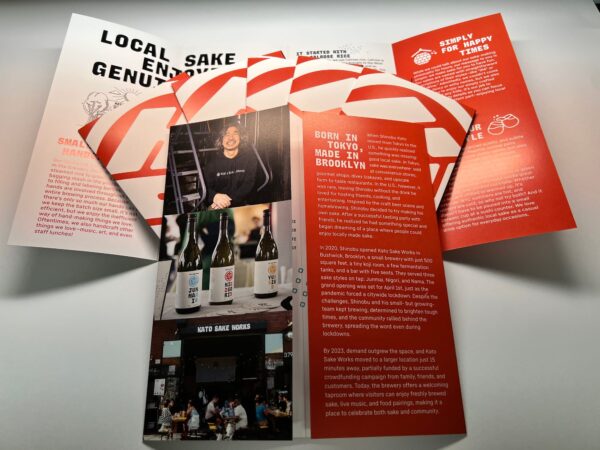 Double gate fold brochure printed for Kato Sake Works on 8pt matte cardstock, fanned open to show the red and white interior panels